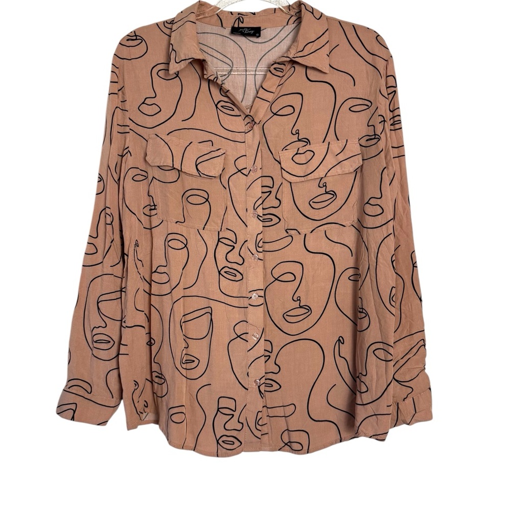 Milk & Honey Abstract Face Print Button Blouse Up Utility Shirt Size 1X
